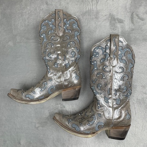 JB Dillon Womens 9 Cowboy Boots Metallic Silver Blue Rhinestone Festival Western - Picture 5 of 15